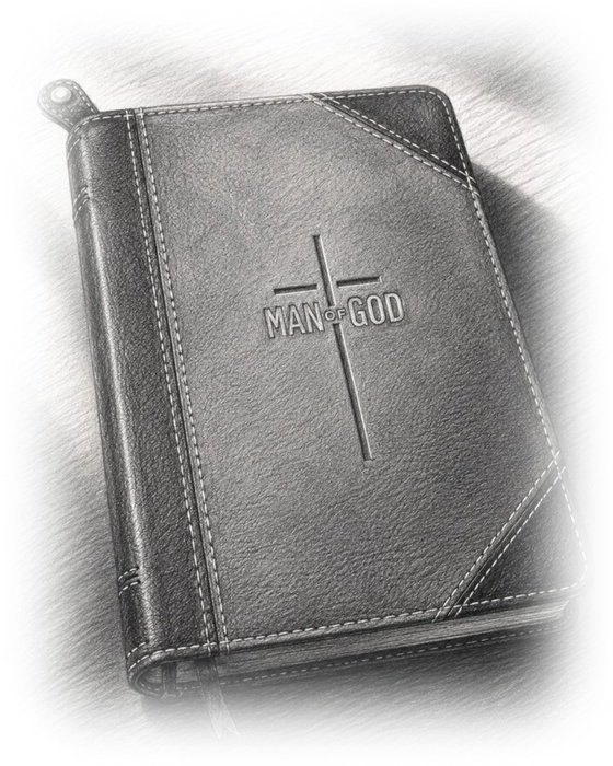 Sketch of a leather journal with a cross and the words Man of God.